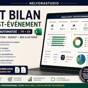 Peut inclure: Un kit de bilan post-événement numérique présentant un tableau de bord Excel automatisé sur un écran d'ordinateur portable. L'interface affiche des graphiques, une analyse budgétaire et des indicateurs de satisfaction. Inclut trois fichiers Excel et deux guides PDF.
