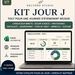 Excel-pakket voor de dag van het evenement | Tijdschema, checklists, contactpersonen, presentielijst en plattegrond | FR + EN-sjabloon