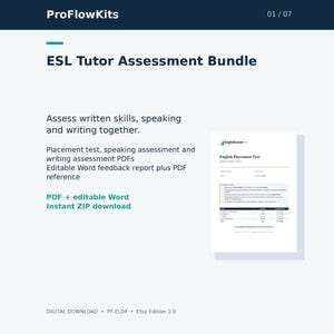 Puede incluir: Un paquete de evaluación para tutores de ESL en descarga digital que incluye una prueba de nivel, evaluaciones de expresión oral y escrita en PDF, y un informe de retroalimentación en Word editable. El documento muestra el texto English Placement Test.
