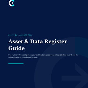 May include: A dark blue document cover titled Asset & Data Register Guide with the subtitle Asset, Data & ROPA Pack. It includes the text One register, three obligations: your certification scope, your data-protection record, and the answers half your questionnaires need, plus Rightcyber, v1.0.0, 22 August 2026, and rightcyber.co.uk.