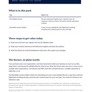 Op de afbeelding: Een digitaal document getiteld DORA Register of Information Validator van RightCyber. Het beschrijft de inhoud van de bestanden, inclusief een Excel-validator en aanpasbare mappen, drie stappen voor gebruik en de licentievoorwaarden.