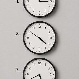 May include: Three round wall clocks with black frames and white faces, each labeled with a number from one to three. The clocks feature black hour and minute hands, black numerals from one to twelve, and black tick marks for each minute interval.