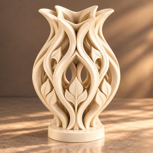 Peut inclure: Un vase de couleur crème avec un design ajouré complexe présentant des structures verticales incurvées en forme de ruban et des motifs de feuilles en relief. Le vase possède une ouverture évasée au sommet et repose sur une base circulaire solide.