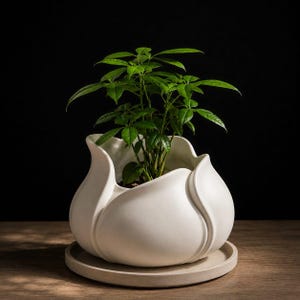 Puede incluir: Una maceta de cerámica blanca con un diseño de borde curvo similar a pétalos, que descansa sobre un plato circular a juego. Una pequeña planta verde con hojas compuestas crece desde el centro de la maceta, que tiene un acabado mate y liso.