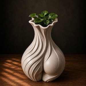 May include: A cream-colored ceramic vase with a bulbous, rounded base and a flared, ruffled rim. The surface features deep, swirling vertical grooves that create a textured, wave-like pattern. A small green plant with oval leaves sits inside.