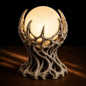 Peut inclure: Une lampe sphérique émettant une lumière chaude et présentant une texture craquelée, maintenue par une base beige aux formes organiques dotée de structures complexes en forme de racines qui s'élèvent pour soutenir l'orbe lumineux.