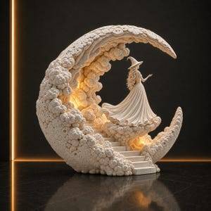 May include: A cream-coloured sculpture featuring a figure in a long gown and pointed hat standing on a crescent moon structure. The moon is textured with cloud-like formations and includes a small staircase leading up to the figure's position.
