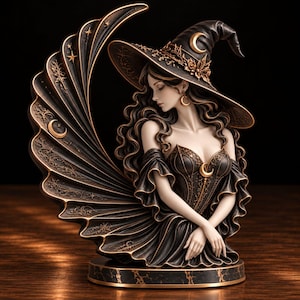 Peut inclure: Une figurine décorative représentant une silhouette portant un chapeau de sorcière à larges bords orné d'un croissant de lune, aux longs cheveux ondulés et vêtue d'un corset sombre, devant un fond en éventail décoré de motifs de lunes et d'étoiles.