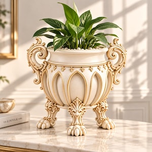 May include: A cream-colored decorative planter with gold-toned accents, featuring ornate scroll handles, a fluted body, and three feet shaped like lion paws. A green leafy plant is potted inside, with small white pebbles covering the soil surface.