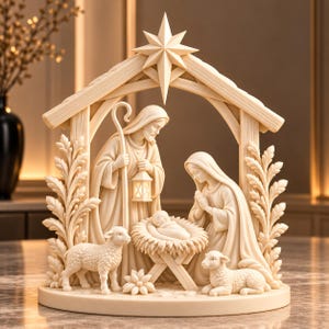 May include: A cream-coloured nativity scene figurine featuring a central star atop a stable structure. The sculpture depicts three figures, a baby in a manger, and two lambs, all rendered in a smooth, monochromatic finish with intricate detailing.