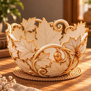 Könnte beinhalten: Eine dekorative Schale mit cremefarbener Oberfläche und komplexen goldfarbenen Rändern. Die Außenseite ist mit skulpturalen Ahornblattmotiven und einem goldenen Eichelakzent verziert, was durch geschwungene, rankenartige Details eine texturierte Optik erzeugt.