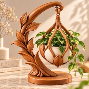 May include: A brown, wood-toned decorative stand with a curved, leaf-adorned arm that suspends a white, bulb-shaped planter. The planter holds a green and yellow variegated trailing plant, all resting on a circular wooden base.