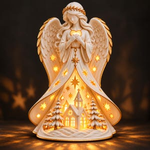 May include: A white angel figurine with gold accents, featuring large wings and a flowing gown. The gown is illuminated from within, revealing a cut-out scene of a church and pine trees, with star-shaped cut-outs casting light patterns.