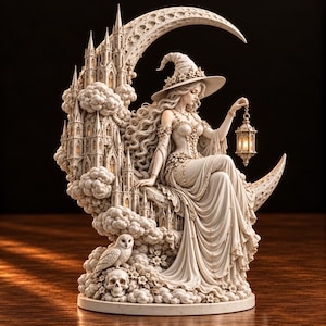 Peut inclure: Une figurine couleur crème représentant un personnage au chapeau à larges bords assis sur un croissant de lune. La lune est ornée d'un château détaillé et de nuages. Le personnage tient une petite lanterne lumineuse. Un hibou et un crâne sont à la base.