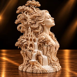May include: A beige sculpture depicting a profile of a serene face with flowing hair that transforms into trees. Below the face, a detailed castle sits atop rocky cliffs with cascading waterfalls flowing down into a small structure at the base.