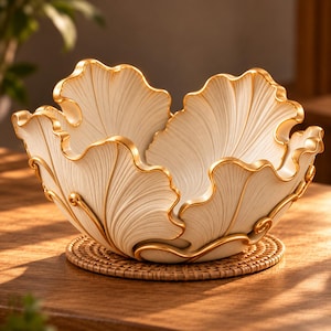 May include: A decorative bowl shaped like a cluster of ginkgo leaves with a cream-colored textured surface and metallic gold trim along the scalloped edges. The bowl features deep, radiating veins and rests on a circular woven rattan base.