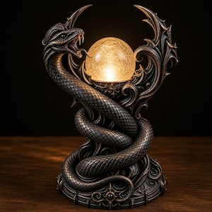 Peut inclure: Une sculpture en bronze foncé représentant un serpent enroulé, gueule ouverte avec des crocs, entourant une sphère centrale en verre craquelé lumineux. La base présente des volutes complexes et des détails ornementaux texturés.