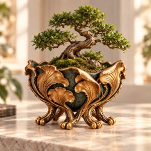 Könnte beinhalten: Ein kleiner Bonsai-Baum mit grünen Blättern und einem strukturierten braunen Stamm, der in einer dekorativen Schale gepflanzt ist. Die Schale hat eine dunkel-türkise, gesprenkelte Oberfläche mit goldenen blattförmigen Verzierungen und vier geschwungenen Füßen.