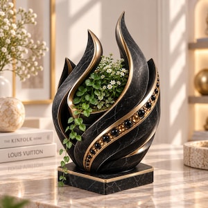 May include: A decorative black marble-effect planter with a flame-like silhouette, featuring gold-toned edges and a row of alternating black and gold spherical beads. A small green plant with white flowers grows from the centre of the structure.