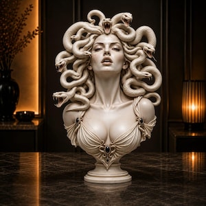 Könnte beinhalten: Eine cremefarbene Büste einer Figur mit Schlangen als Haar. Die Figur hat einen gelassenen Gesichtsausdruck, und die Schlangen sind in verschiedenen gewundenen Positionen mit geöffneten Mäulern dargestellt. Die Figur trägt ein drapiertes Gewand.