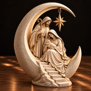 Può includere: Una statuetta del presepe color crema con una struttura centrale a mezzaluna e una scala. Una figura in piedi tiene un bastone, mentre un'altra figura seduta tiene in braccio un neonato. Una stella dorata pende dalla parte superiore.