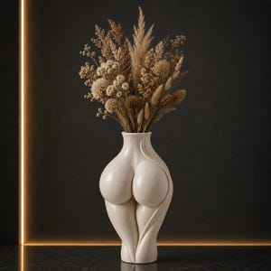 May include: A cream-colored ceramic vase with a sculptural, abstract form resembling human hips and thighs. The vase is filled with a dried floral arrangement featuring various beige and brown grasses, seed pods, and small textured flower heads.