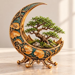 May include: A crescent moon-shaped planter featuring a textured teal surface with ornate gold-coloured ginkgo leaf accents and scrollwork. The planter stands on four decorative gold-coloured feet and contains a small green bonsai tree with moss.
