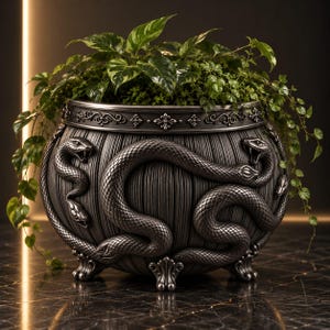 May include: A dark metallic gray planter featuring a textured vertical ribbed surface and three-dimensional snake sculptures wrapping around the exterior. The round vessel rests on three ornate feet and contains a lush green trailing plant.