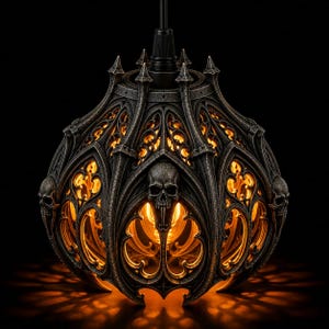 May include: A dark grey pendant light fitting featuring intricate gothic-style architectural arches and carved skull motifs. The structure has a hollow, filigree design that allows warm, glowing orange light to shine through from the internal bulb.