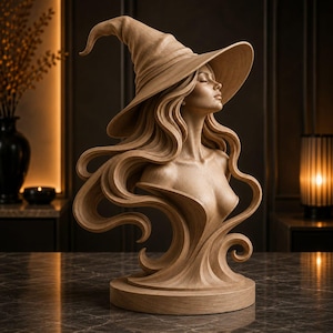 Peut inclure: Une sculpture en buste en bois brun clair représentant une personne aux longs cheveux fluides portant un chapeau pointu à larges bords. La figure a une expression sereine, les yeux fermés, et la base présente des sculptures en forme de vagues.