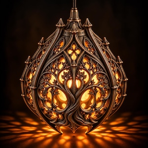 May include: A bronze-toned pendant light fitting featuring an intricate, openwork design of a tree with sprawling branches and leaves. The structure has pointed, architectural details and emits a warm, glowing light from within the centre.
