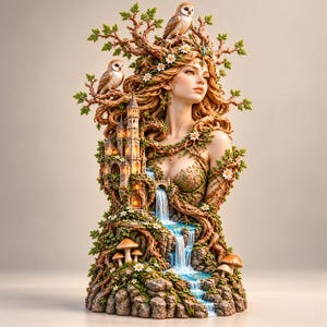 May include: A decorative sculpture featuring a figure with hair intertwined with tree branches, leaves, and white flowers. Two owls are perched on the branches. A stone castle with lit windows sits beside a cascading waterfall over rocky terrain.