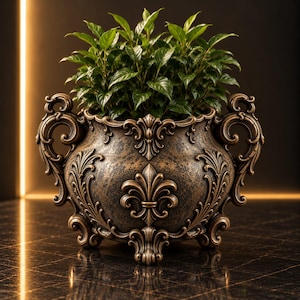 May include: A dark bronze-toned planter with an ornate, textured surface featuring raised fleur-de-lis motifs, scrolling handles, and decorative feet. The vessel contains a lush green plant with pointed leaves, creating a contrast between the metallic finish and the organic foliage.