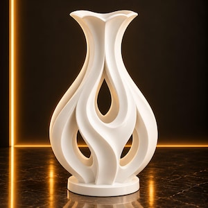 May include: A white vase with a smooth, matte finish and a complex, open-work structure. The design features multiple curved, vertical ribbons that create hollow, teardrop-shaped voids throughout the body, culminating in a flared, petal-like rim.