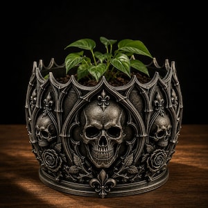 Puede incluir: Una maceta redonda de color gris oscuro con un diseño en relieve de varios cráneos humanos, rosas florecientes y motivos de flor de lis dispuestos dentro de arcos de estilo gótico. Una pequeña planta verde crece en la tierra.
