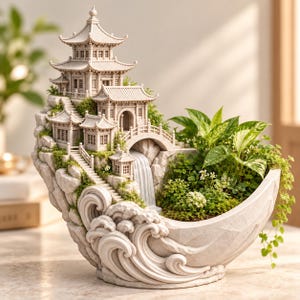 Pode incluir: Um vaso de resina bege em forma de paisagem montanhosa com um pagode de vários níveis, escadas de pedra, uma ponte e uma cascata. A estrutura inclui um recipiente para plantas verdes vivas com padrões de ondas esculpidos na base.