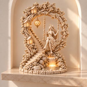 May include: A beige decorative sculpture featuring a figure sitting on a swing suspended within a circular floral arch. The structure includes a staircase, three small illuminated houses, a hanging lantern, and a waterfall base with warm lighting.