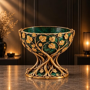Puede incluir: Un cuenco decorativo con una superficie interior y exterior de color verde oscuro jaspeado. La base y los laterales están adornados con intrincadas ramas y hojas metálicas de color dorado en relieve que envuelven la estructura exterior.