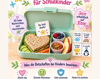 May include: A light green lunch box containing a heart-shaped sandwich, blueberries, raspberries, nuts, and apple slices. The image features text including 'Brotdosen-Botschaften für Schulkinder' and various motivational cards with German phrases.