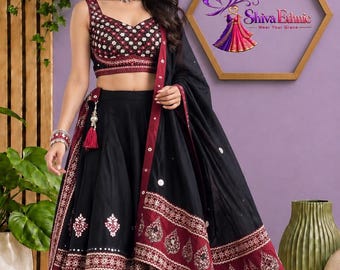 Black Maroon Navratri Lehenga Choli, Mirror Work, Ready-to-Wear (Sizes M-XXL)