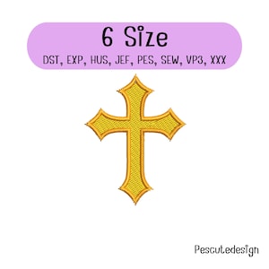 May include: A golden yellow embroidered cross design with pointed ends. Above the cross, a light purple banner displays the text 6 Size followed by the file formats DST, EXP, HUS, JEF, PES, SEW, VP3, and XXX. The word Pescutedesign appears at the bottom.