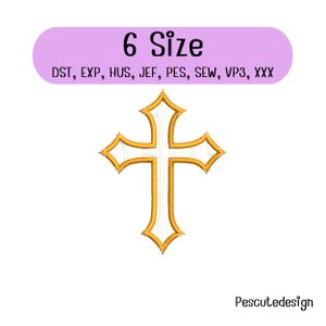 May include: An embroidery design of a gold-colored cross with pointed ends. Above the cross, a light purple banner displays the text 6 Size and a list of file formats: DST, EXP, HUS, JEF, PES, SEW, VP3, XXX. The text Pescutedesign is at the bottom.
