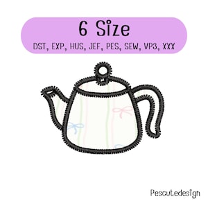 May include: An embroidery design of a teapot with a black stitched outline, featuring a white body with faint vertical stripes and small bow patterns. The top text reads 6 Size, followed by file formats DST, EXP, HUS, JEF, PES, SEW, VP3, XXX.