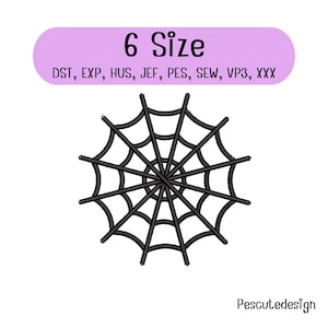 May include: A black embroidered spider web design featuring a circular pattern with radiating lines. Above the web, a light purple banner displays the text 6 Size followed by the file formats DST, EXP, HUS, JEF, PES, SEW, VP3, and XXX.