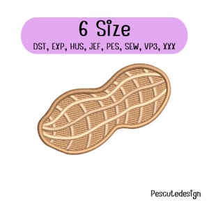 May include: An embroidery design of a peanut shell in light brown thread with a textured cross-hatch pattern. Above the peanut, a light purple banner displays the text 6 Size and a list of file formats: DST, EXP, HUS, JEF, PES, SEW, VP3, XXX.