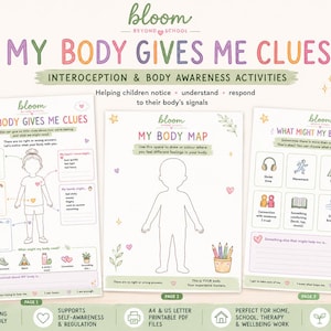 Può includere: Tre fogli di attività stampabili intitolati My Body Gives Me Clues, My Body Map e What Might My Body Need. Le pagine presentano illustrazioni di una sagoma umana, icone per i bisogni sensoriali e suggerimenti testuali per i bambini.