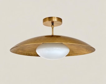 Mid Century Modern Brass Perforated Ceiling Light, Opal Glass Globe Lamp