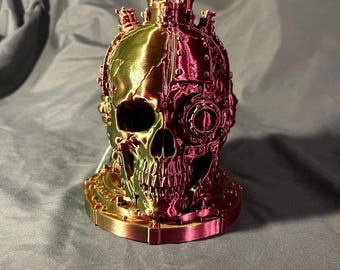 Tri-Color Steampunk Skull Sculpture, Industrial Gothic Décor