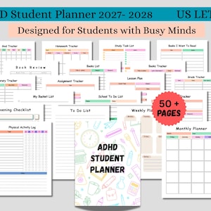 May include: A collection of ADHD Student Planner 2027-2028 pages in US Letter size. The set includes trackers for goals, homework, books, assignments, and grades, plus checklists and a monthly planner. A cover page features school icons and text.