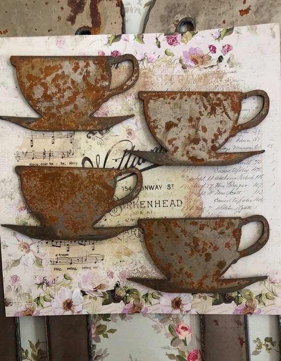 Tea Cups Rusted Metal Tea Set Kitchen Decor Symbols Rusty Etsy